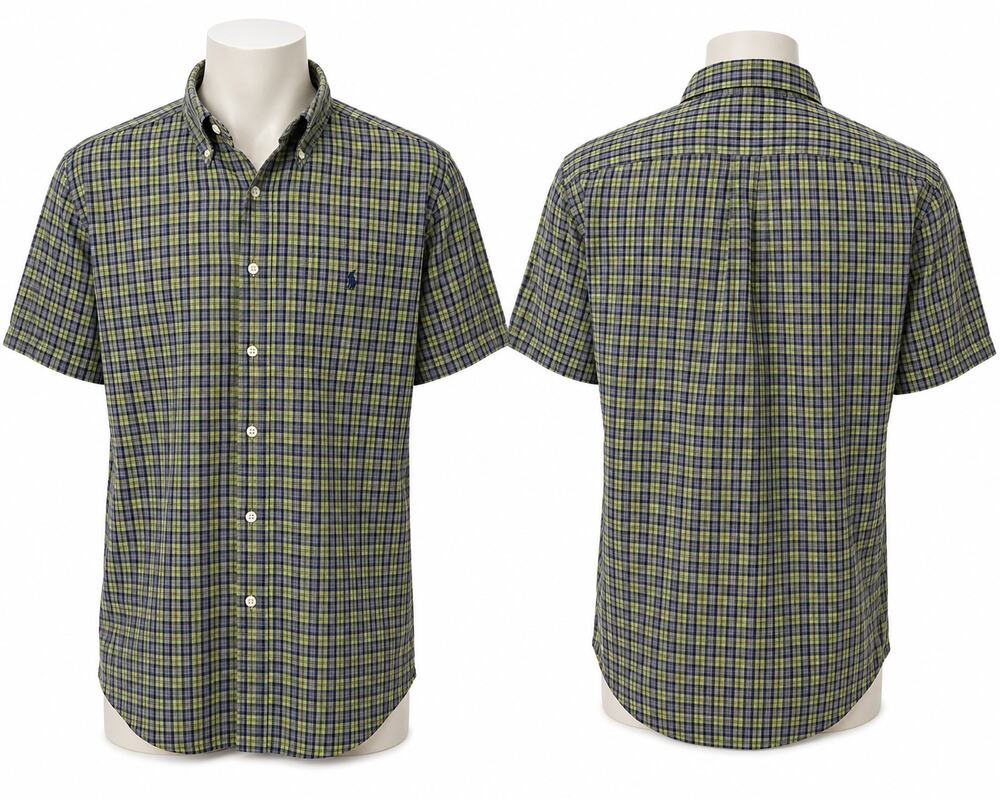 Ralph Lauren Greggor Shirt Men's Large Green Blue Plaid Short Sleeve Button Up